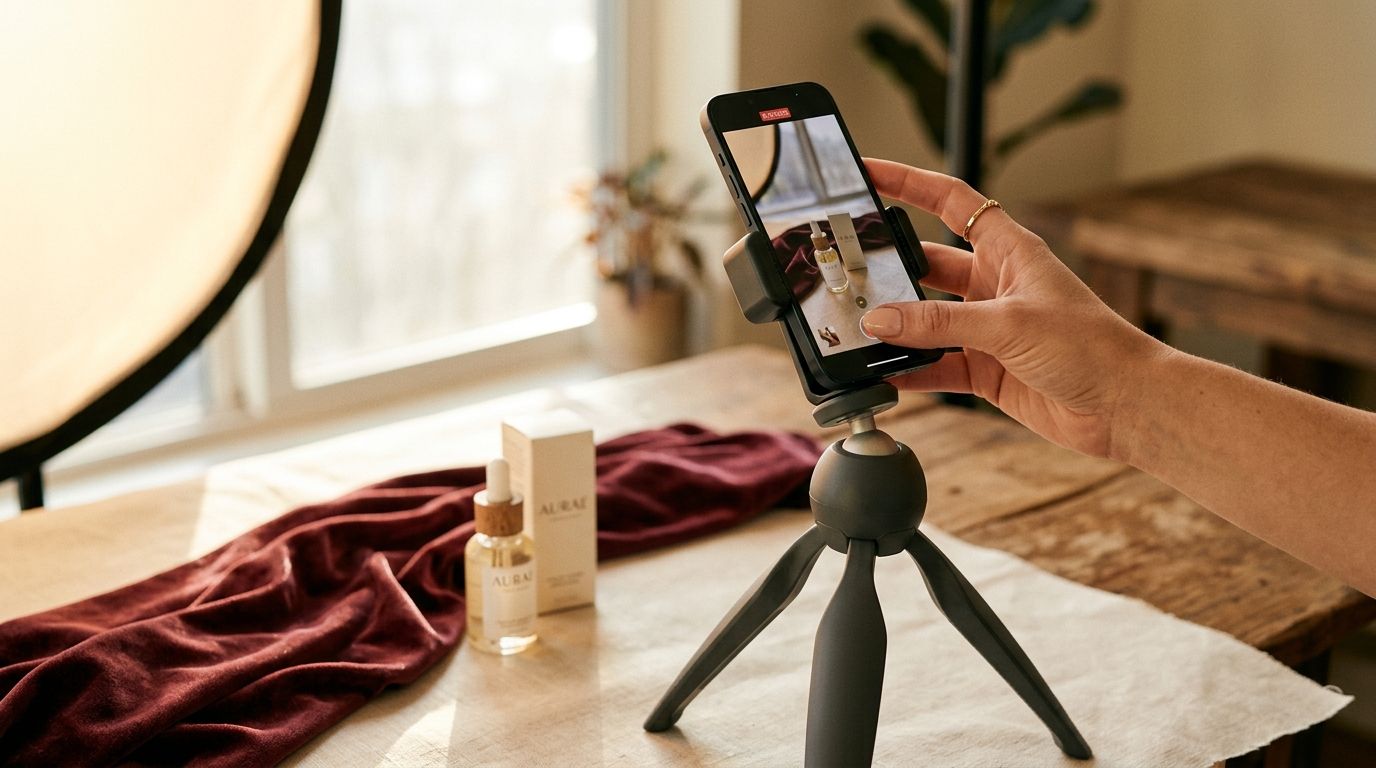 Telemóvel a filmar um produto de beleza em cima de uma mesa